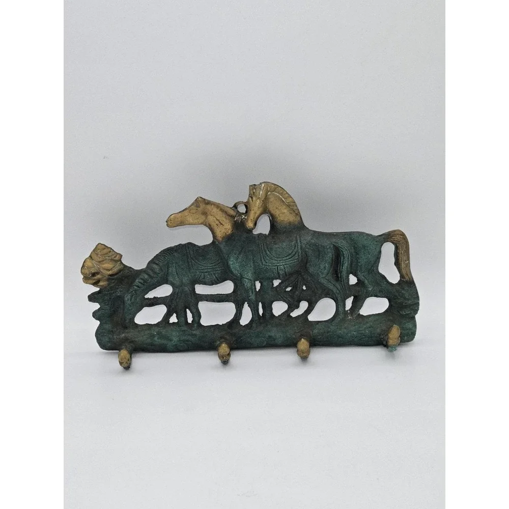 Antique Brass‎ Brushed Gold & Blue Patina Horse Wall Mounted 4 Hook Rack